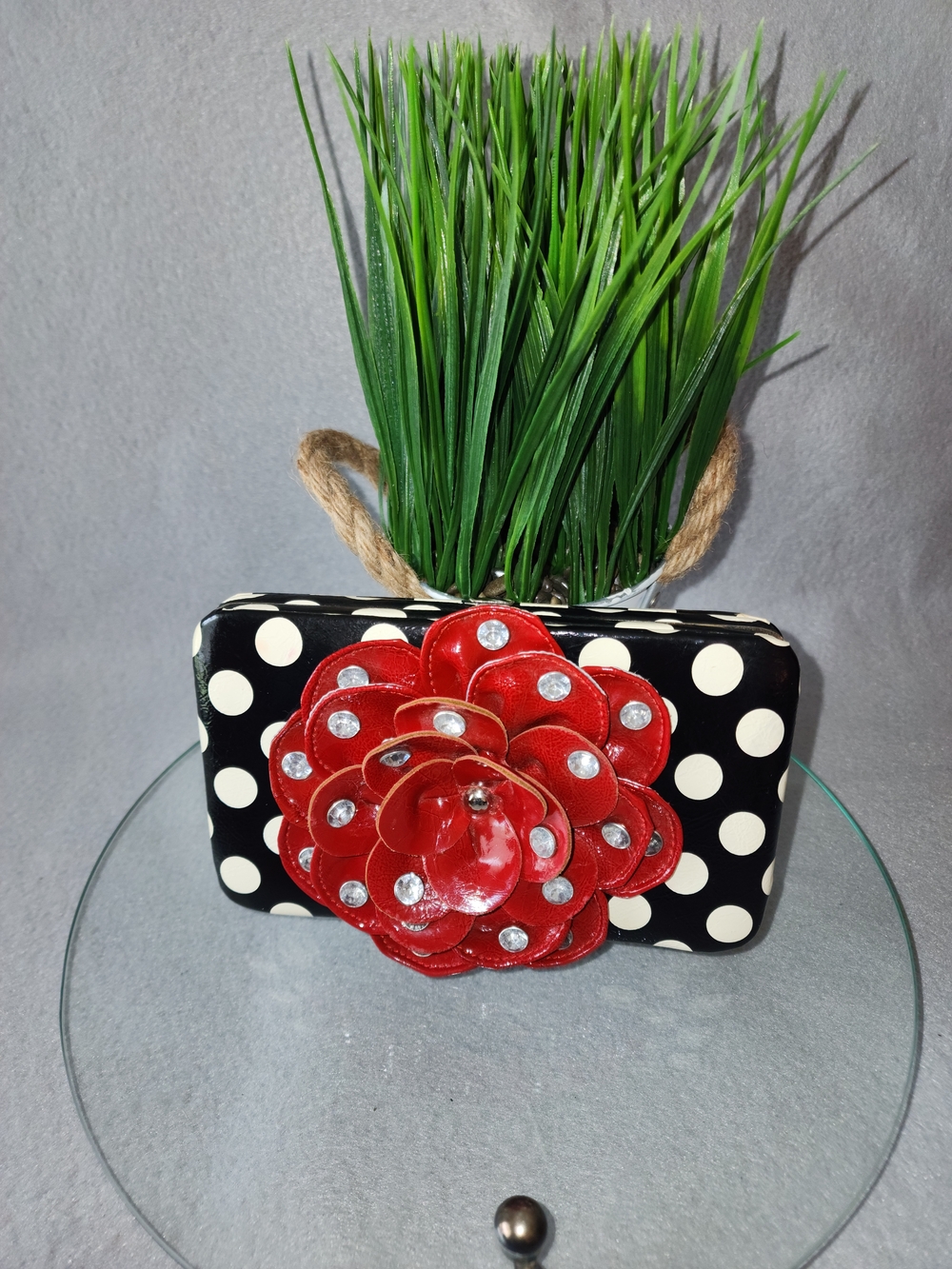 Black & White Polka Dot Clutch Patent Leather with Red Floral Rhinestones Accent